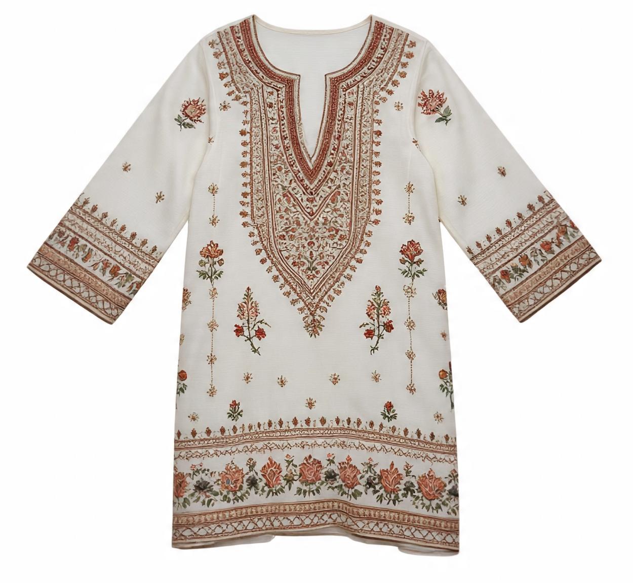 white_chikankari_kurti_with_full_embroidery_three_quarter